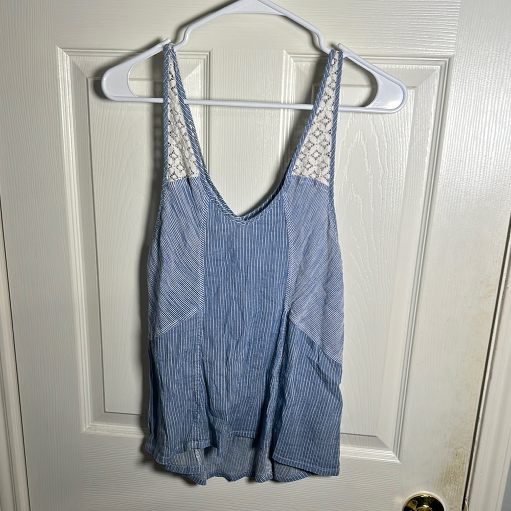 Hollister Blue Striped Tank Top with Lace Detail – Size S